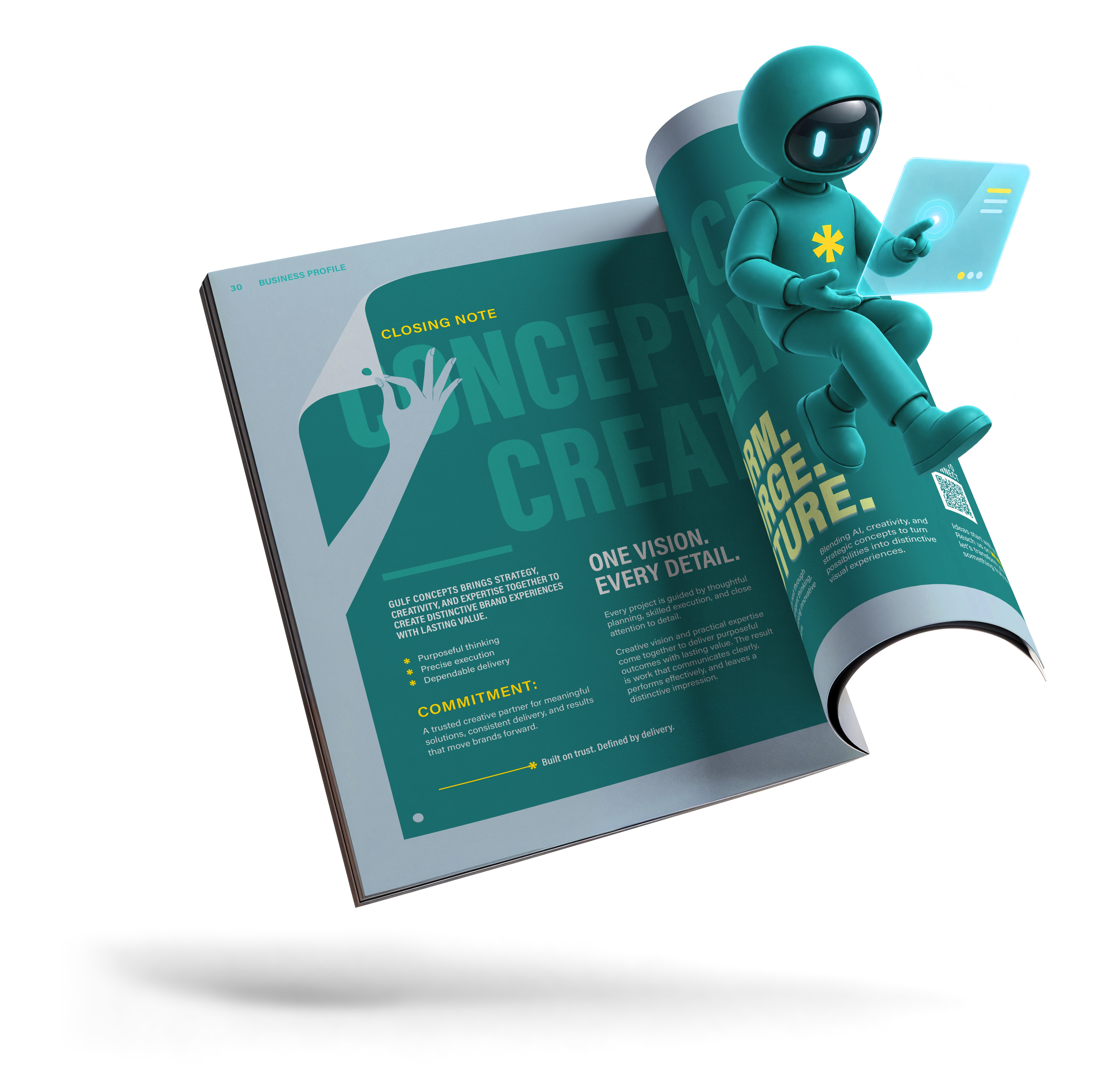 Gulf Concepts booklet with our teal robot mascot