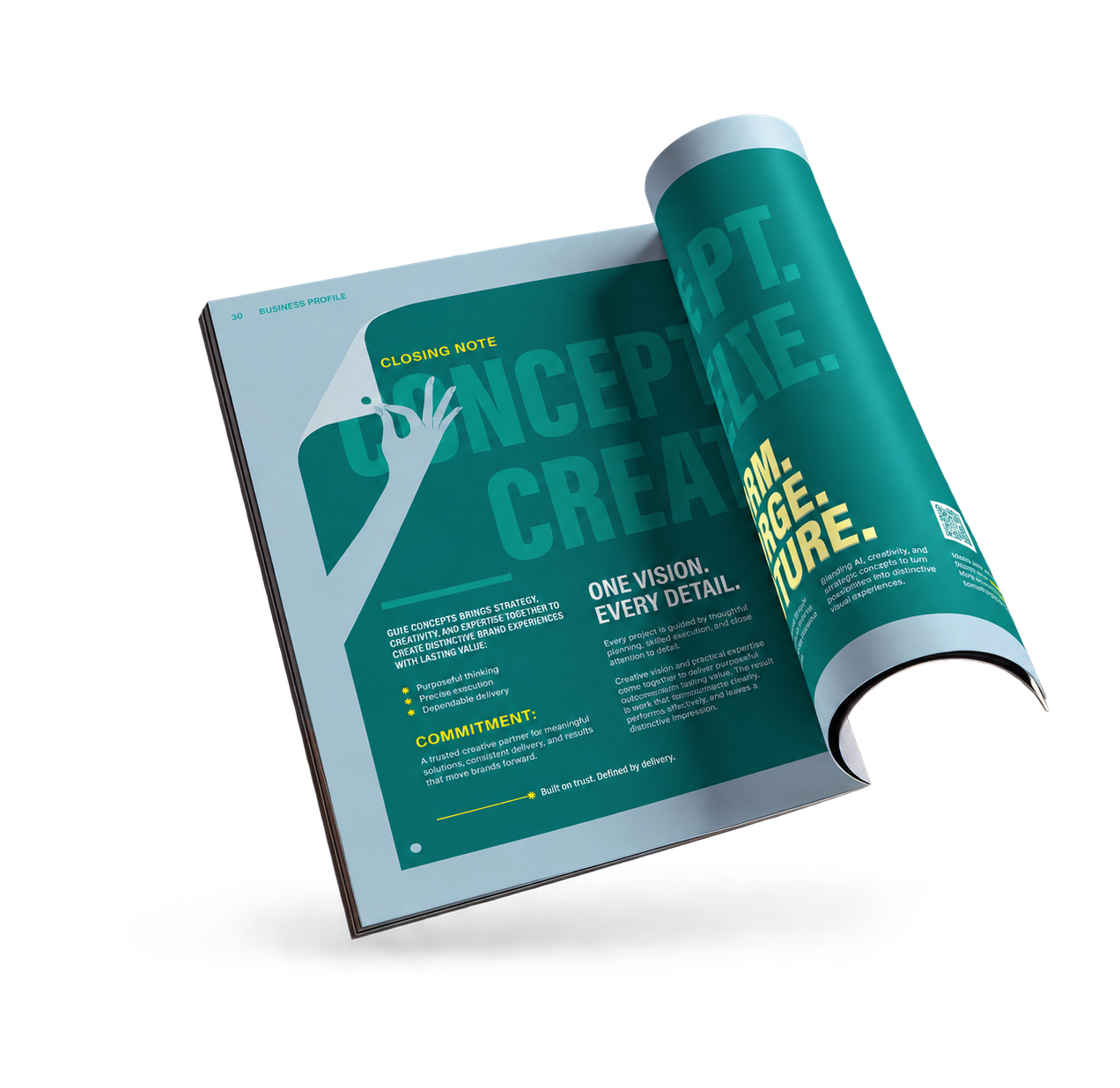 Gulf Concepts booklet with our teal robot mascot